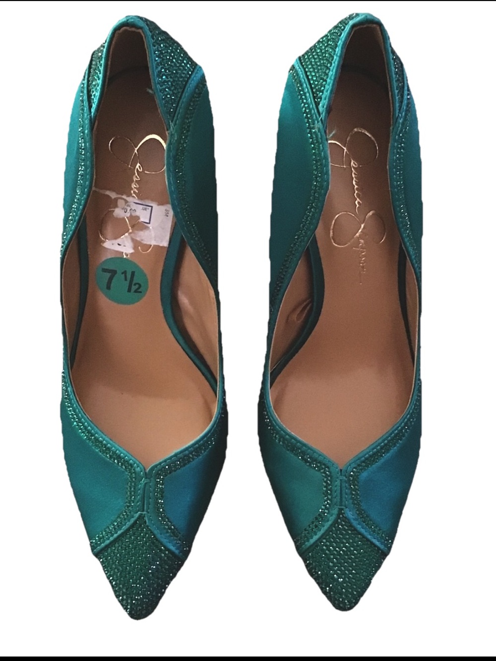 NEW Jessica Simpson Emerald Green Satin Rhinestone Stilettos (7,5) - Picture 2 of 6
